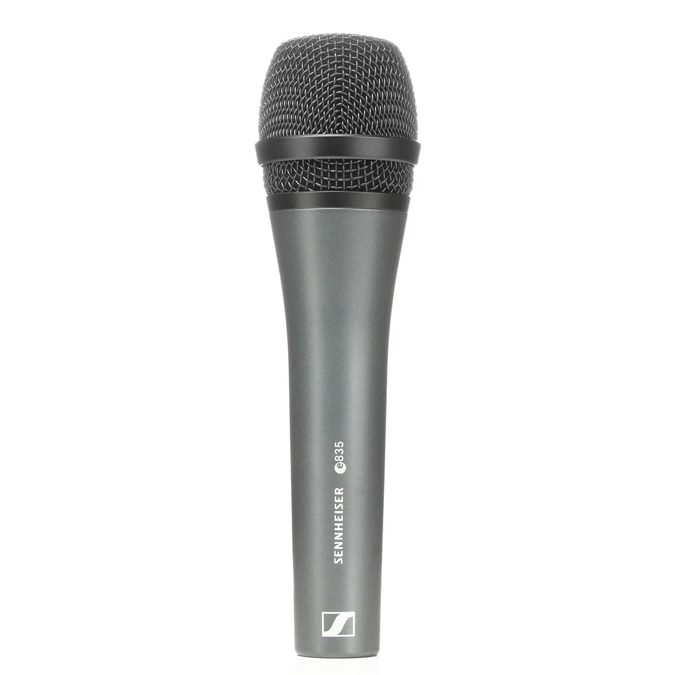 Handheld dynamic microphone with a dark gray body, round metal mesh grille, and Sennheiser e835 branding on the handle.