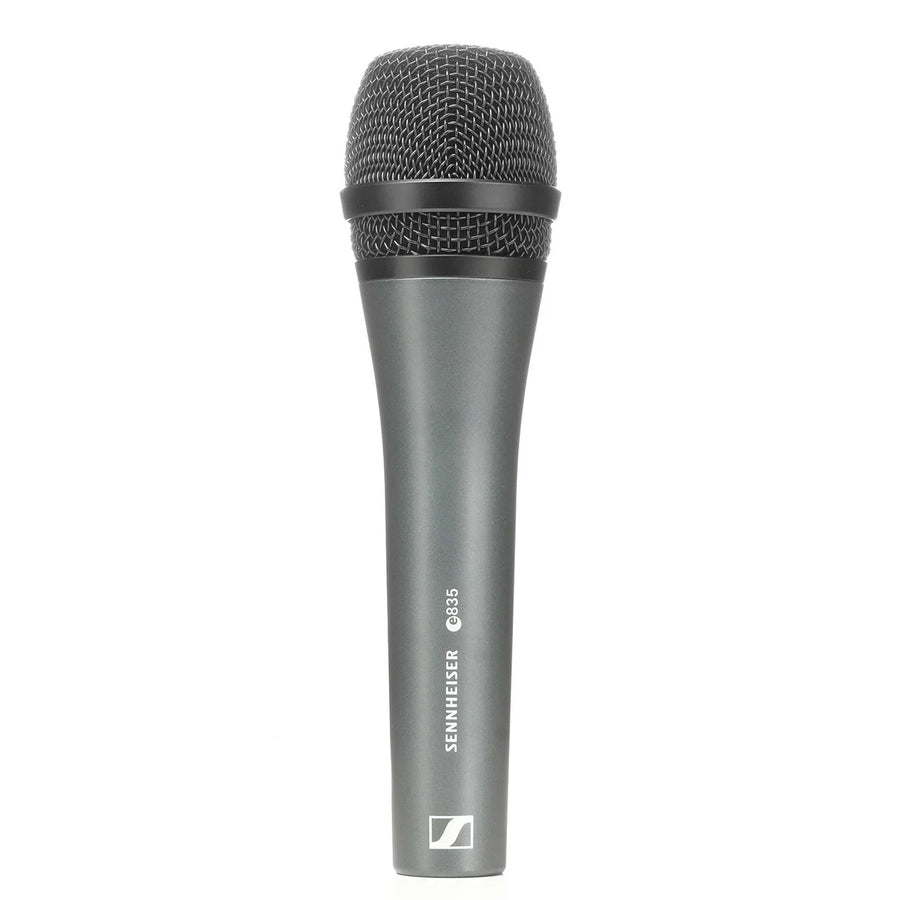 Handheld dynamic microphone with a dark gray body, round metal mesh grille, and Sennheiser e835 branding on the handle.