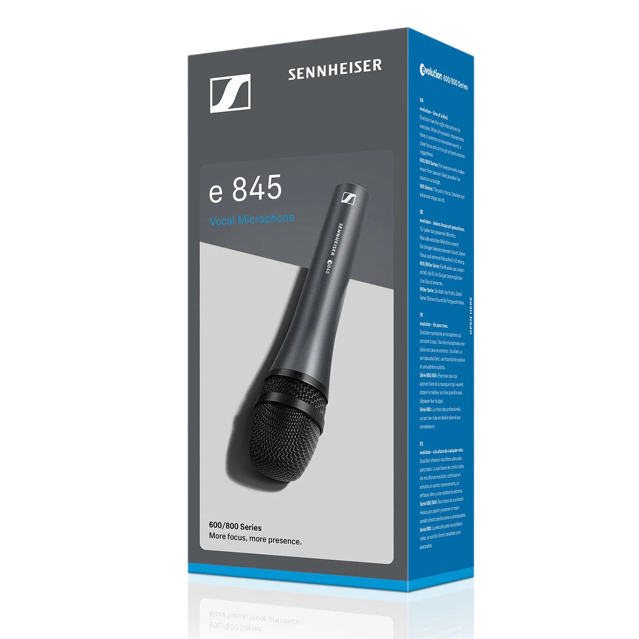 Sennheiser e 845 vocal microphone in a grey and blue retail box with product name and a picture of the microphone on the front.