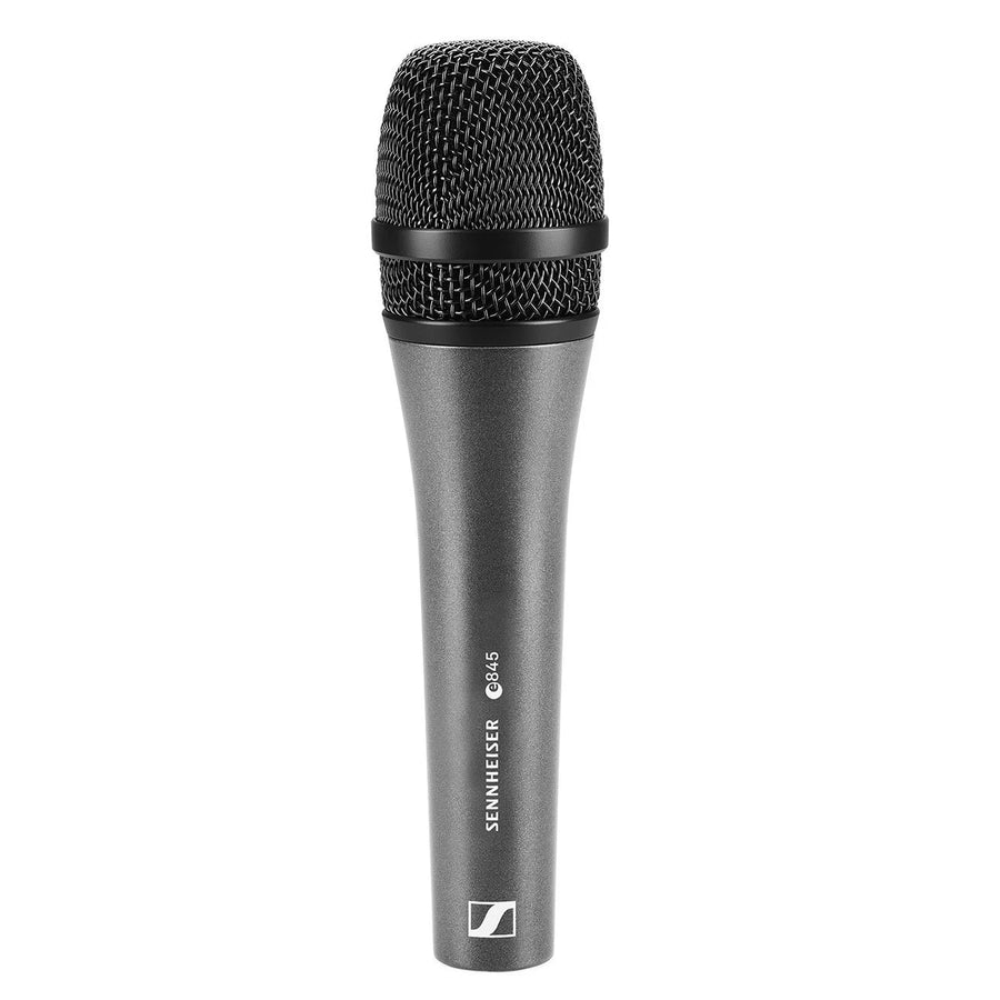 Sennheiser e845 handheld dynamic microphone with a matte dark gray metal body and black mesh grille, used for professional audio applications.