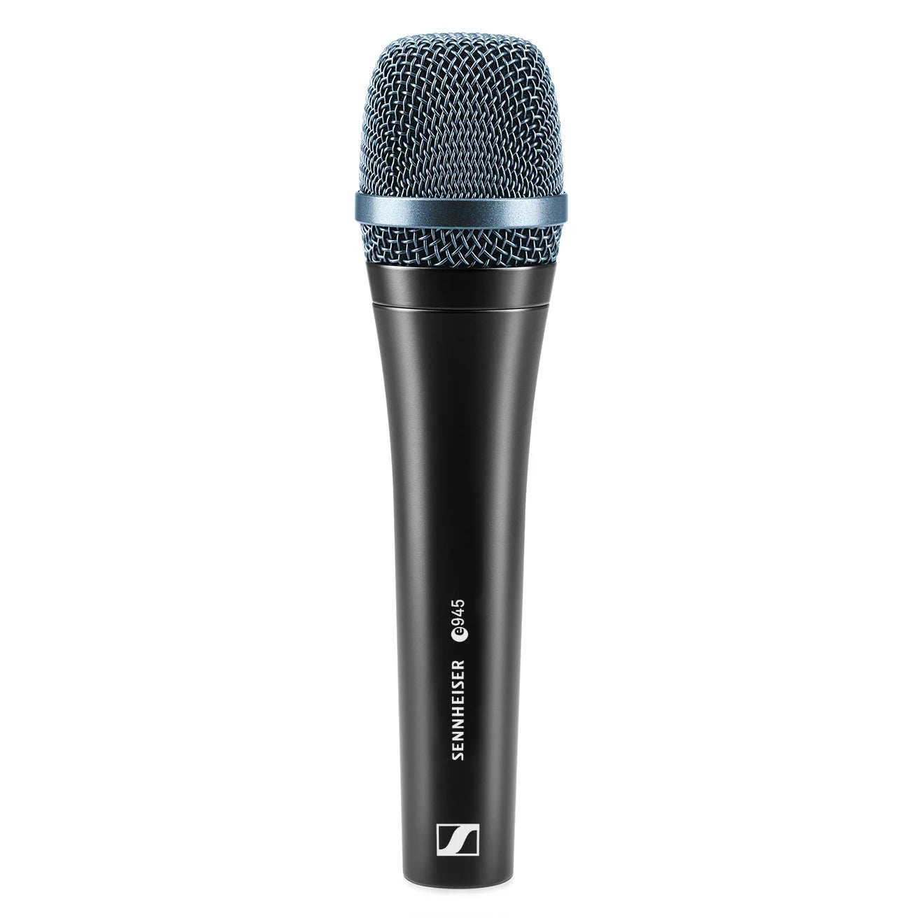 Black handheld Sennheiser e945 pro audio microphone with a metallic blue mesh grille and white branding on the handle.