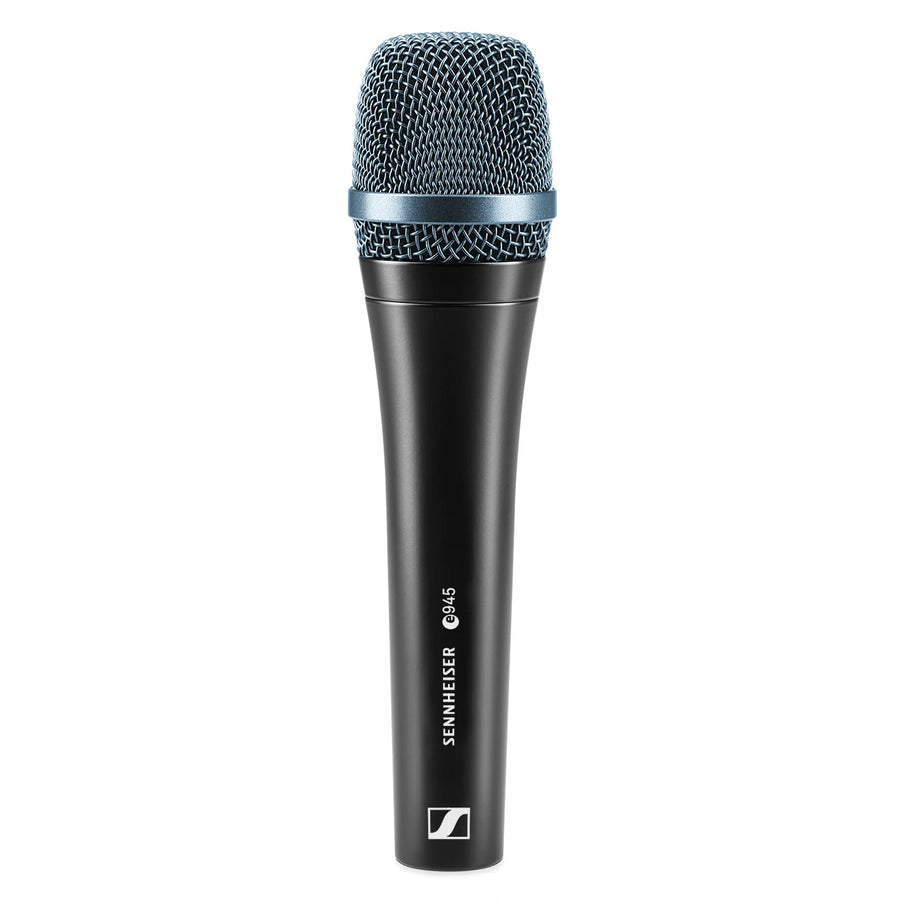 Black handheld Sennheiser e945 pro audio microphone with a metallic blue mesh grille and white branding on the handle.