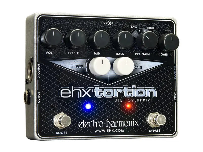 Electro-Harmonix ehx tortection JFET overdrive pedal with seven black knobs, two white knobs, two footswitches, and blue and red LED lights.