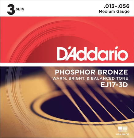 D'Addario EJ17-3D Phosphor Bronze Acoustic Guitar Strings Medium 13-56 3 Sets - The Guitar Store - The Home Of Tone