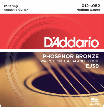 D'Addario EJ39 12-String Phosphor Bronze Acoustic Guitar Strings Medium 12-52 - The Guitar Store - The Home Of Tone