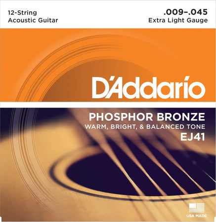 D'Addario EJ41 12-String Phosphor Bronze Acoustic Guitar Strings Extra Light 9-45 - The Guitar Store - The Home Of Tone