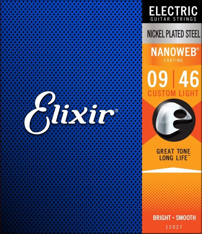 Cordes pour guitare électrique Elixir, acier plaqué nickel, tirant 09-46, revêtement Nanoweb, son brillant et durable, modèle Custom Light.