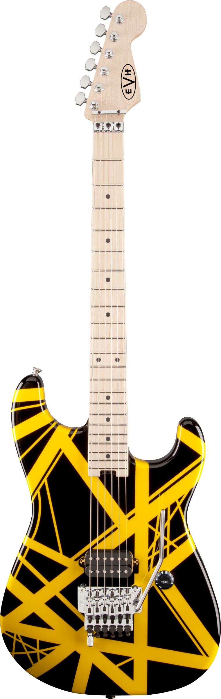 Electric guitar with a bright yellow and black geometric stripe pattern, maple neck, single pickup, and whammy bar.