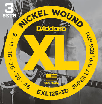 Jeu de 3 sets de cordes D’Addario XL nickel pour guitare électrique, tirants 9-46, modèle EXL125-3D, fabrication USA.