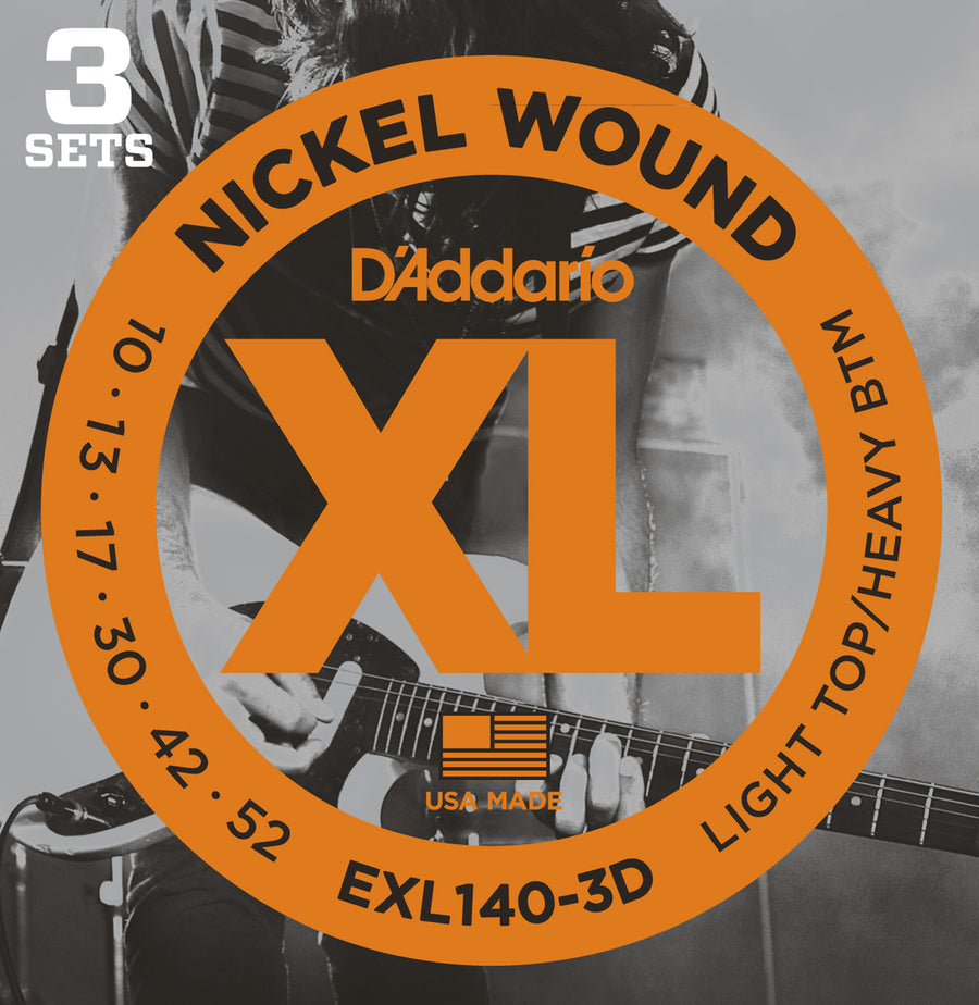 Jeu de 3 lots de cordes guitare électrique D'Addario XL EXL140-3D, tirant 10-52, nickel, fabriqué aux USA, light top/heavy bottom.