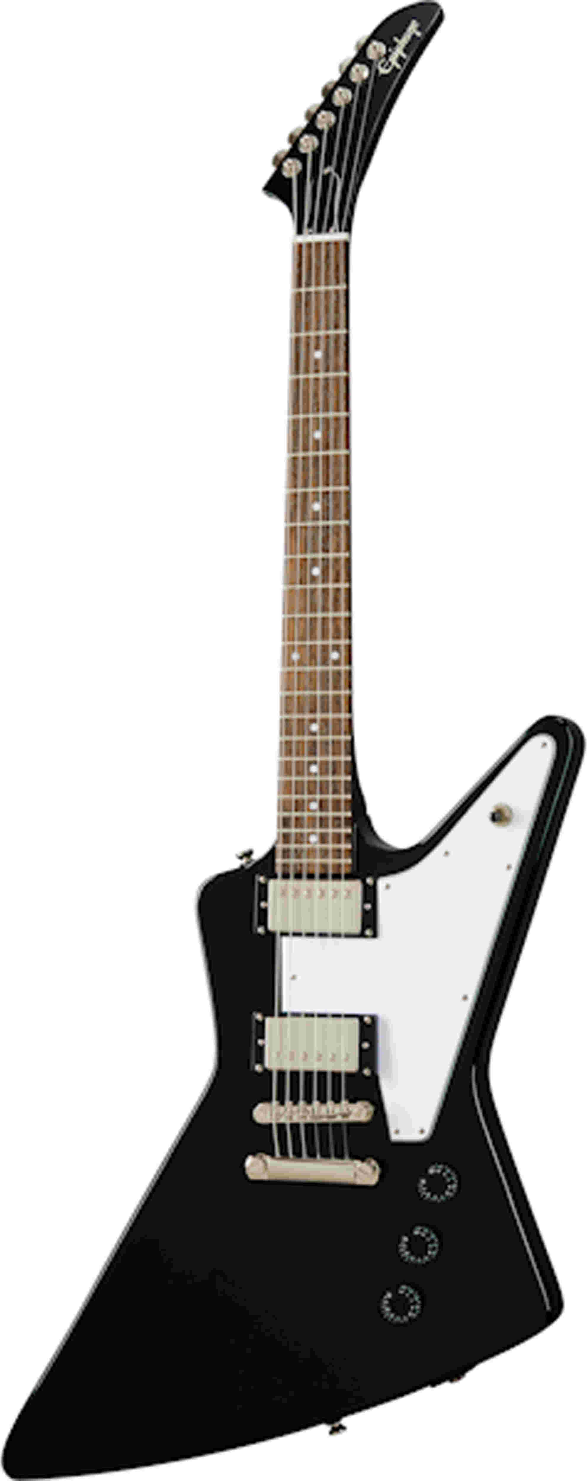 Black electric guitar with an angular, asymmetrical body, white pickguard, two humbucker pickups, and three control knobs.