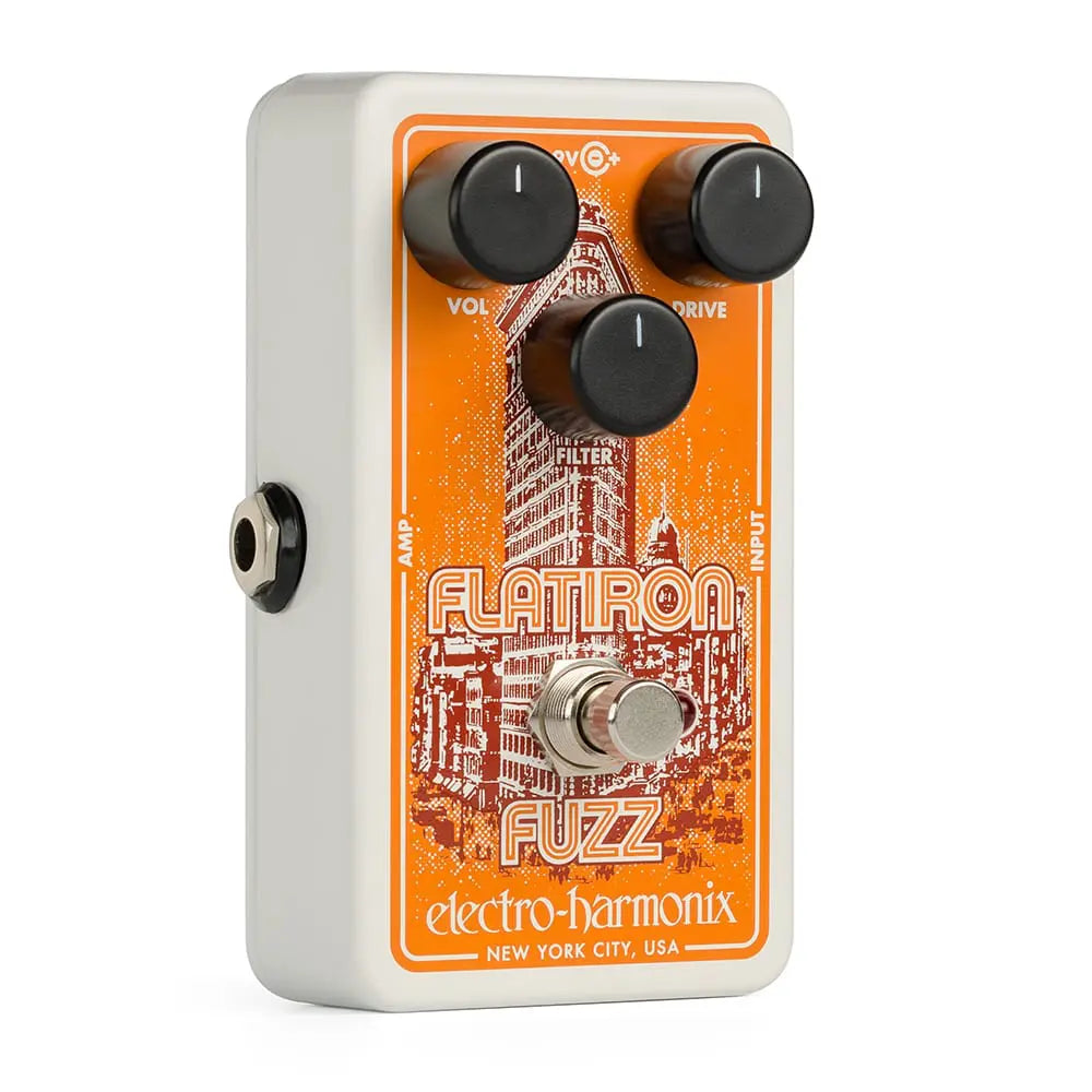 Electro-Harmonix Flatiron Fuzz effects pedal, orange faceplate with three black knobs labeled Vol, Drive, Filter, and a footswitch below.