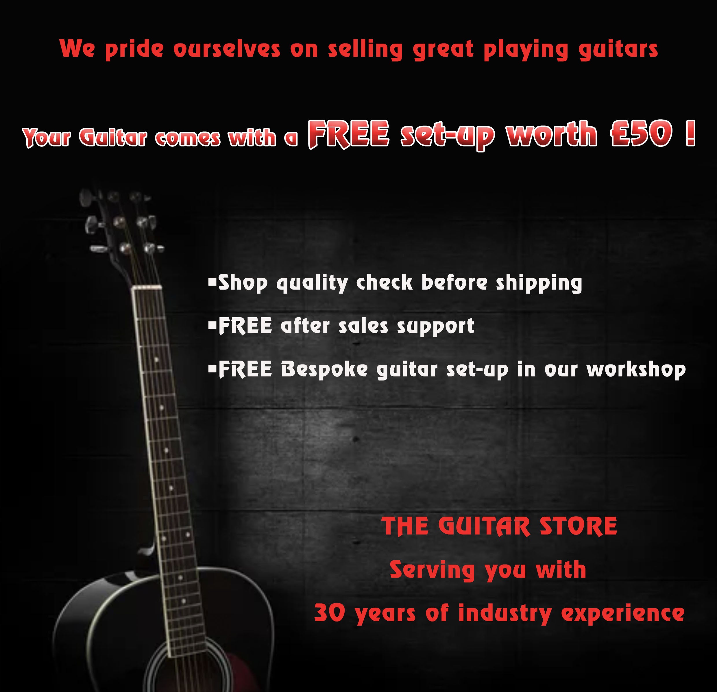 Bass guitar store offers free set-up worth £50, quality check, after-sales support, and custom setup; 30 years of experience.