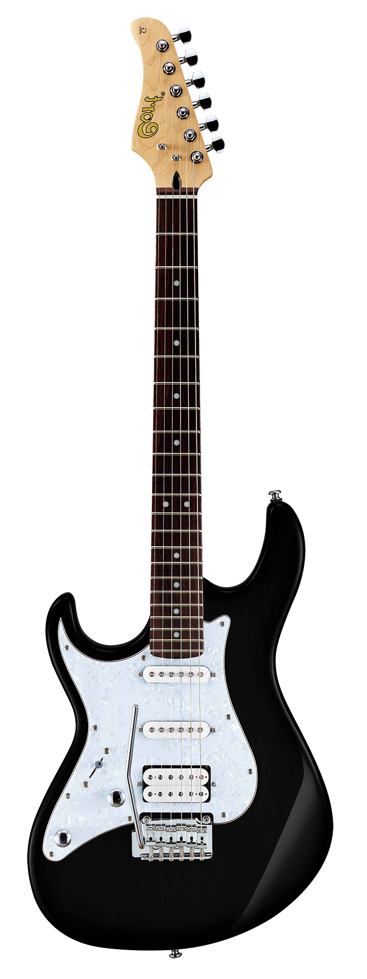 Glossy black electric guitar with a white pearloid pickguard, six strings, three pickups, and chrome tuning pegs on a natural wood headstock.
