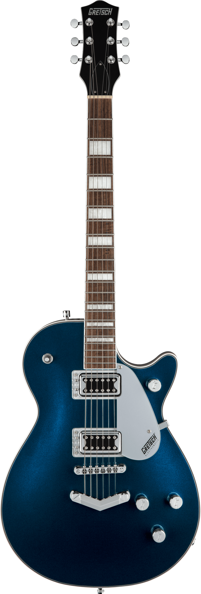 Blue electric guitar with silver hardware, dual pickups, three control knobs, a single cutaway body, and large block inlays on a dark fretboard.