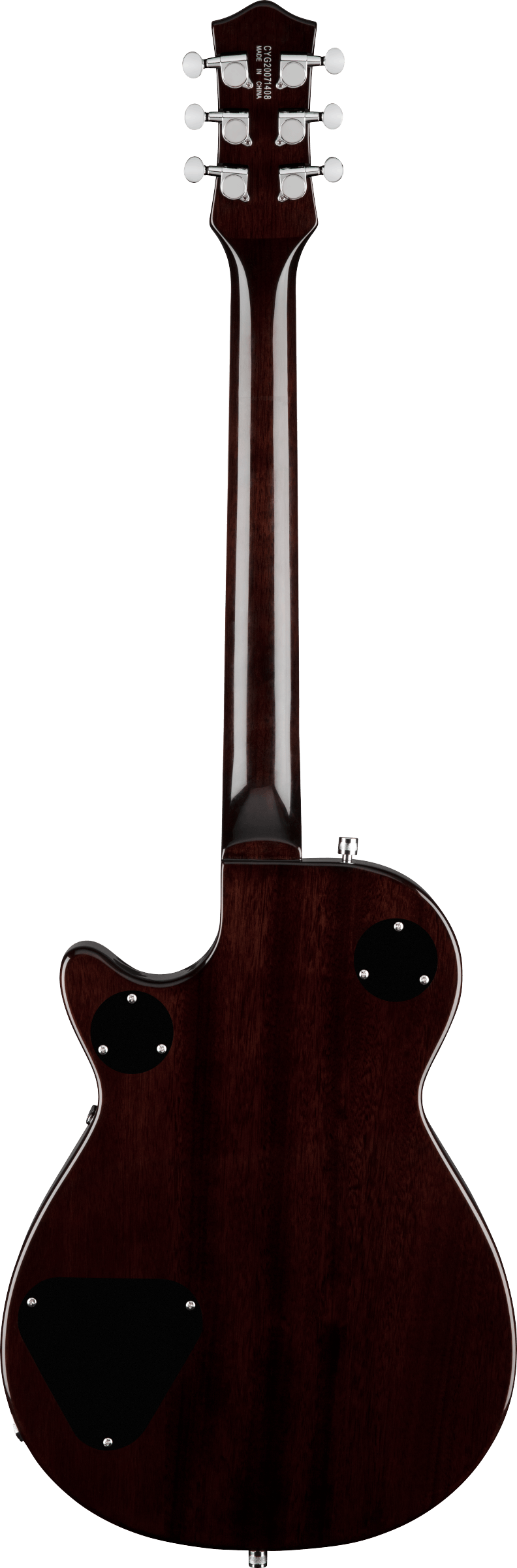 Back view of a dark brown electric guitar showing three black plastic cover plates and six chrome tuning pegs on the headstock.