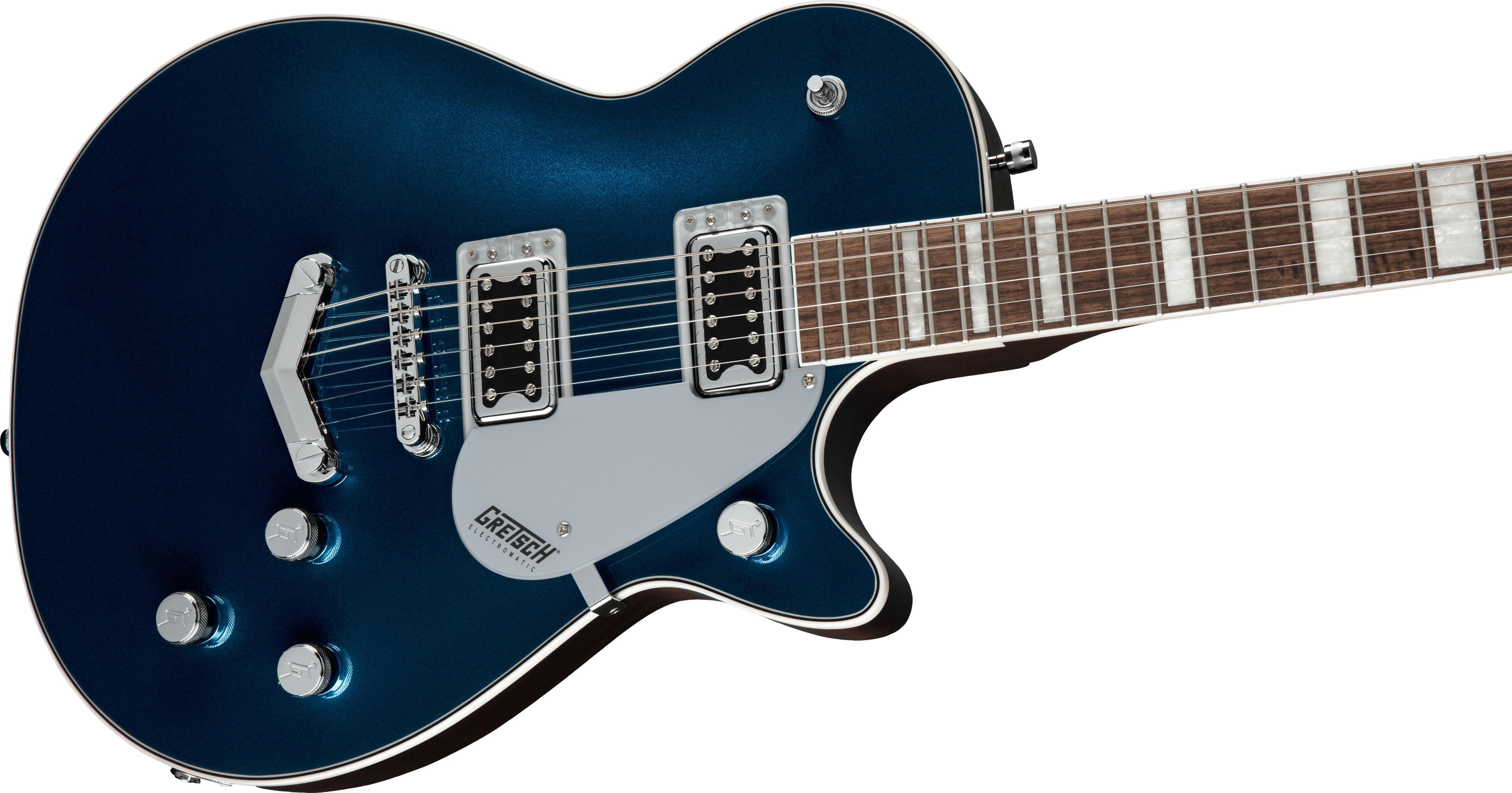 Metallic blue electric guitar with chrome hardware, two chrome humbucker pickups, silver pickguard, and block inlays on a rosewood fretboard.