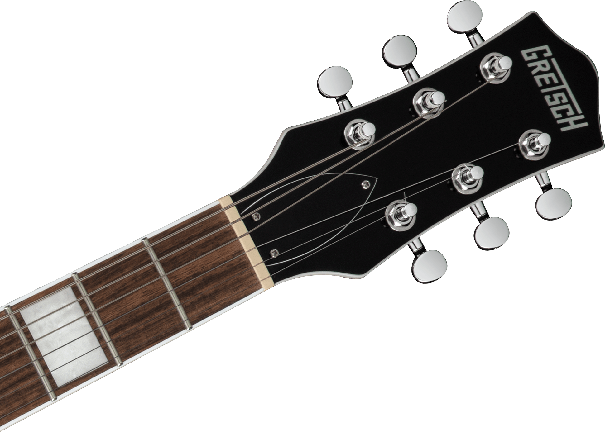 Gretsch electric guitar headstock with six silver tuning pegs, black finish, and part of a wooden fretboard with rectangular inlays.