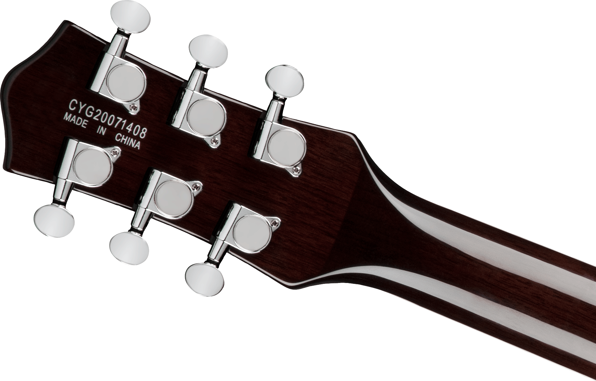 Back of an electric guitar headstock showing six chrome tuning pegs, serial number CYG20071408, and "Made in China" printed on dark wood.