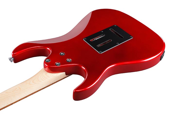 Red electric guitar body with a light wood neck, black electronics cover plate, and visible screw mounts on the back.