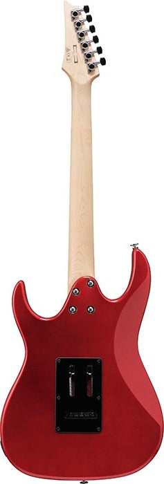 Red electric guitar shown from the back with a light maple neck, six tuning pegs, and a black backplate covering the electronics cavity.