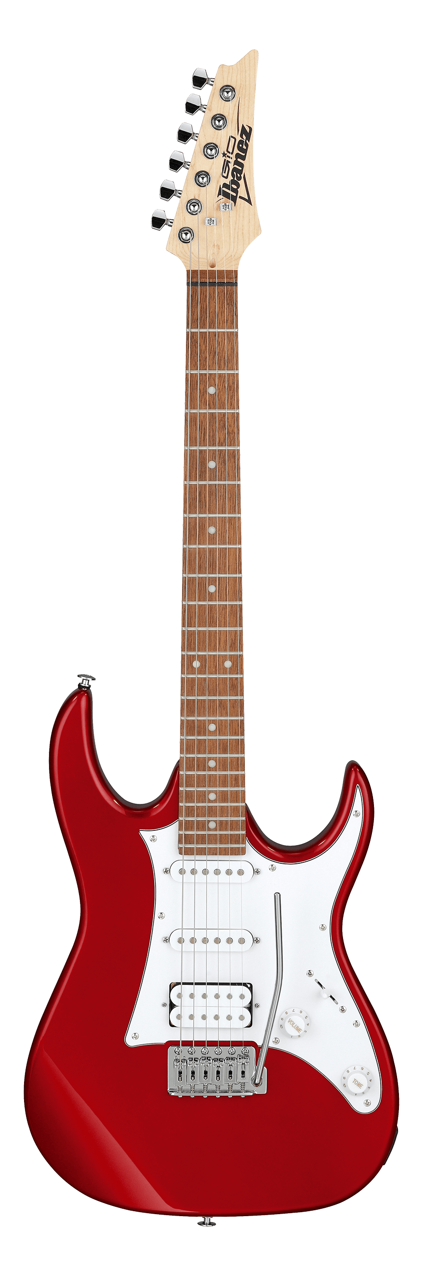 Red electric guitar with a white pickguard, six strings, three pickups, and control knobs for volume and tone.