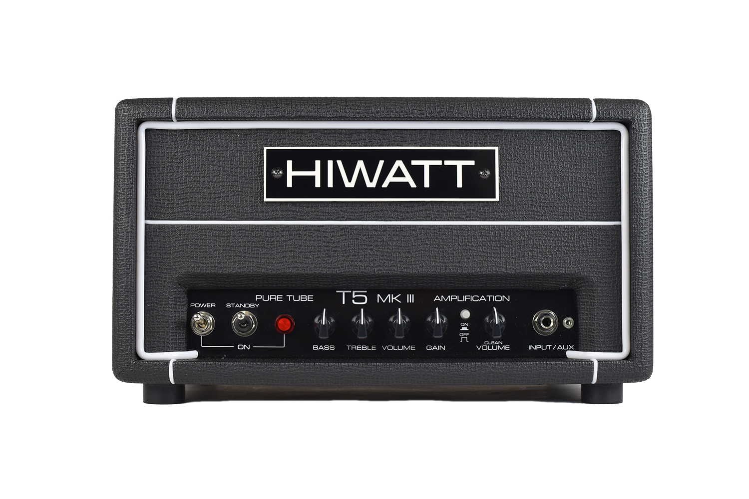 Black Hiwatt T5 MK III amplifier head with control knobs, switches, input jack, and a large white Hiwatt logo on the front panel.