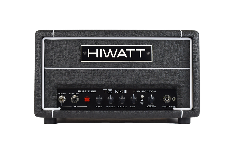 Black Hiwatt T5 MK III amplifier head with control knobs, switches, input jack, and a large white Hiwatt logo on the front panel.