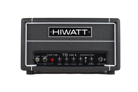 Black Hiwatt T5 MK III amplifier head with control knobs, switches, input jack, and a large white Hiwatt logo on the front panel.