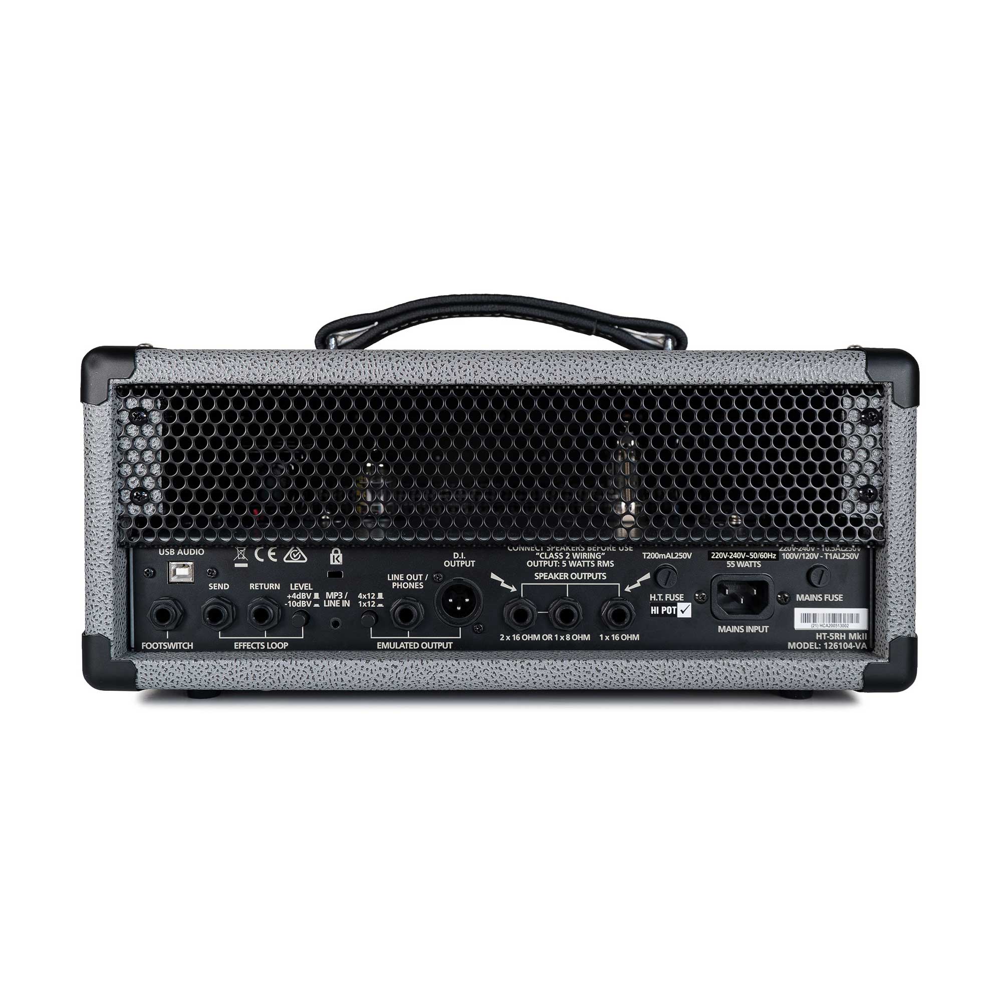 Back view of a guitar amplifier head showing multiple input/output jacks, control switches, a mesh grille, and a black carrying handle on top.