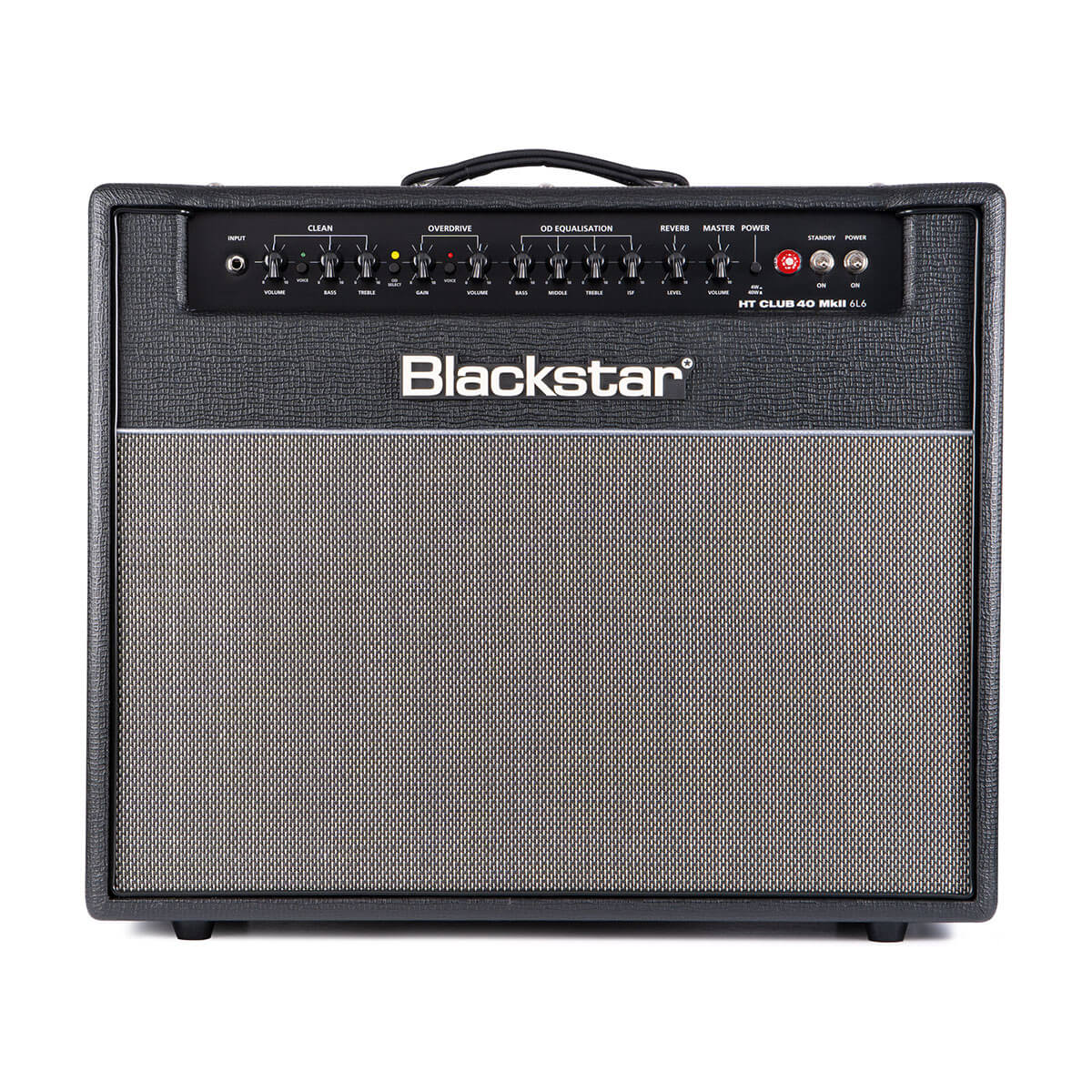 Blackstar amplifier with control knobs and switches on top, large handle, black textured case, grey speaker grille, and white logo at the center.