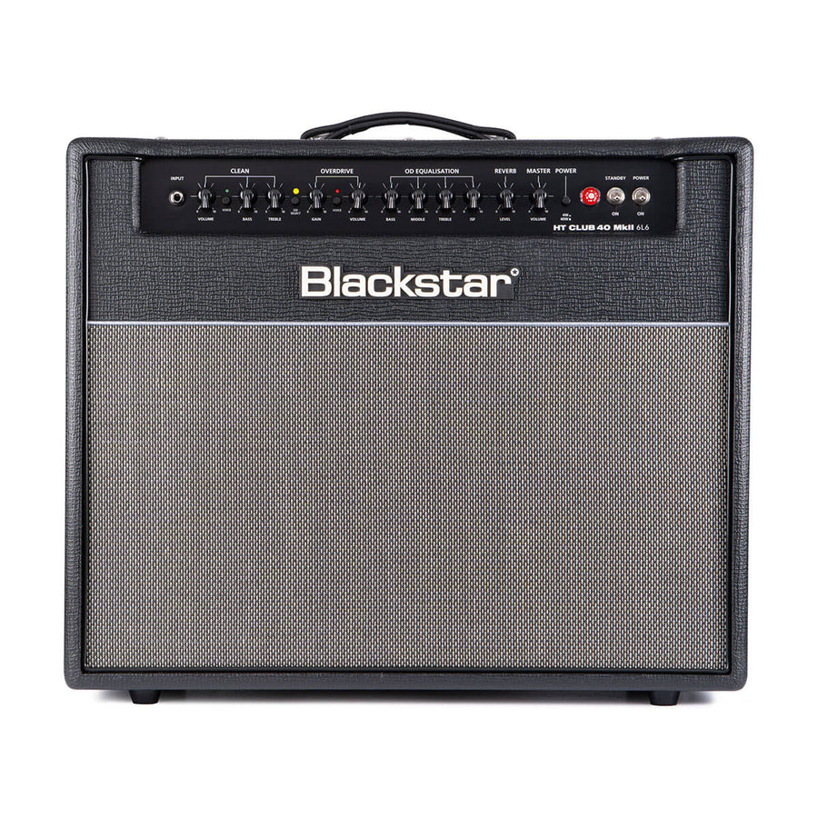 Blackstar amplifier with control knobs and switches on top, large handle, black textured case, grey speaker grille, and white logo at the center.