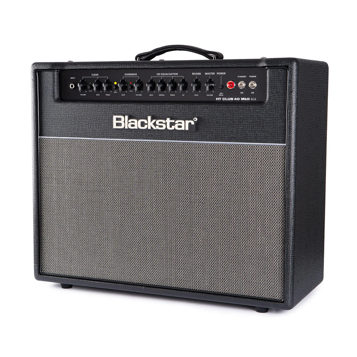 Blackstar guitar amplifier with black casing, a row of control knobs and switches on top, large speaker grille, and a carrying handle above.