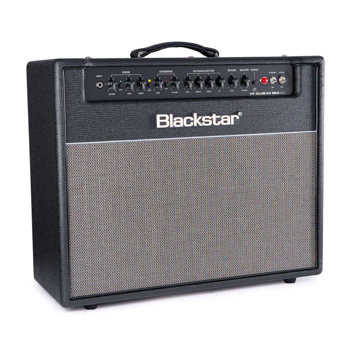 Blackstar guitar amplifier with black casing, textured grey speaker grille, control knobs and input jacks on top, handle above, rectangular shape.