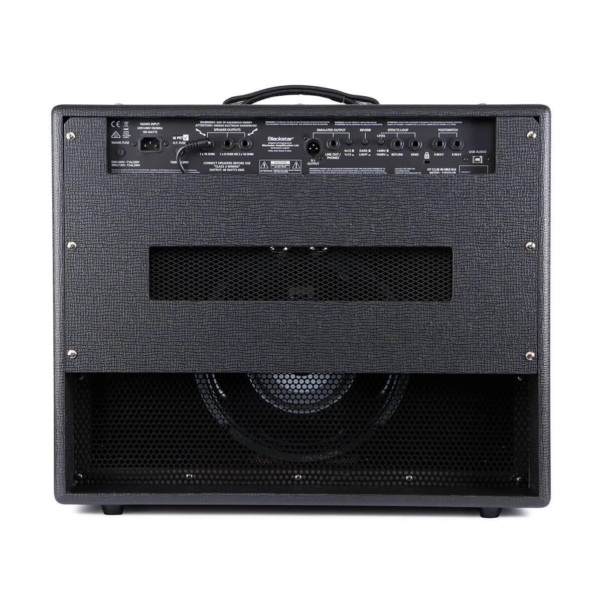 Back view of a guitar amplifier showing control panel, multiple input/output jacks, ventilation grilles, and a visible speaker behind a mesh cover.