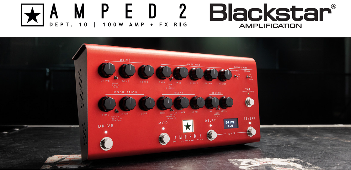 Red Blackstar amplifier with multiple black control knobs, labeled sections for drive, modulation, delay, reverb, and two digital displays.