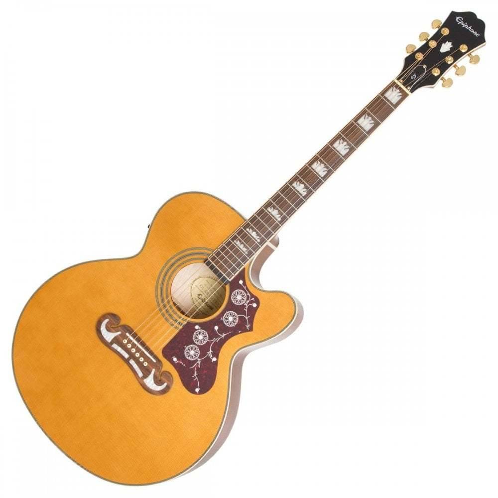 Natural wood finish acoustic guitar with decorative pickguard, large body, gold tuning pegs, and detailed inlays on the fretboard.
