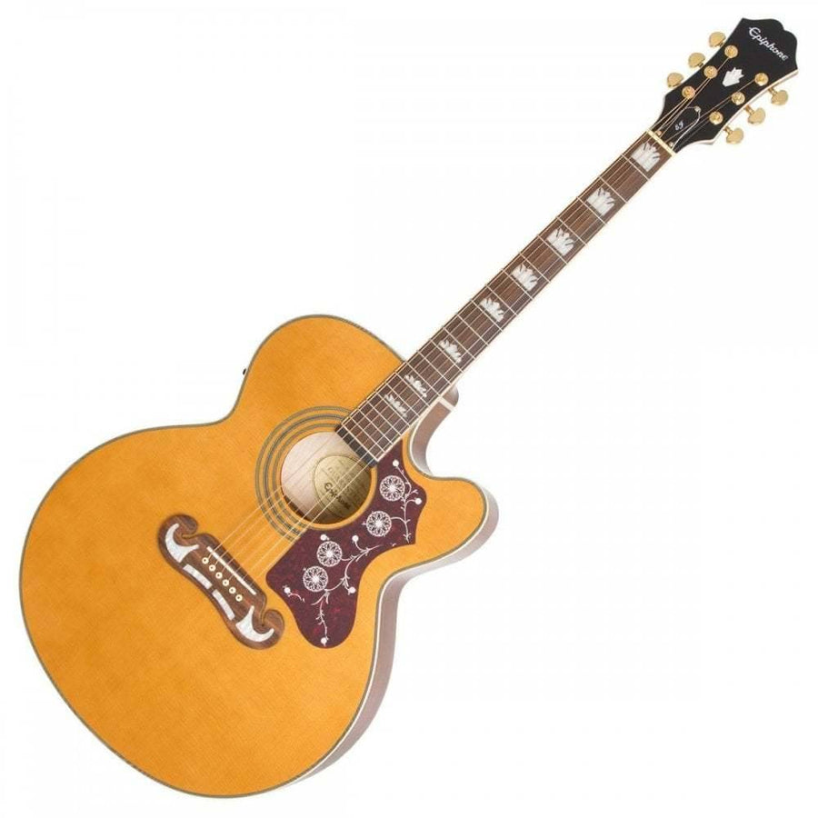 Natural wood finish acoustic guitar with decorative pickguard, large body, gold tuning pegs, and detailed inlays on the fretboard.