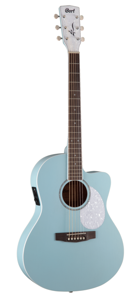 Light blue acoustic guitar with a white pearloid pickguard, cutaway body, dark wood bridge, and six tuning pegs on a white headstock.
