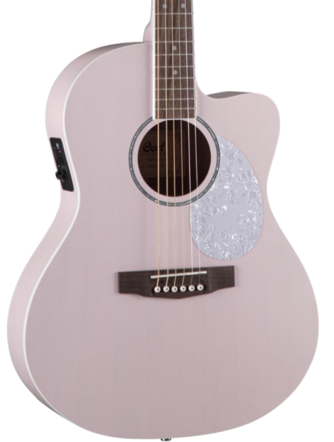 Light pink acoustic guitar with a cutaway body, six strings, dark wood bridge, and a large pearly white pickguard next to the sound hole.