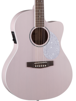 Light pink acoustic guitar with a cutaway body, six strings, dark wood bridge, and a large pearly white pickguard next to the sound hole.