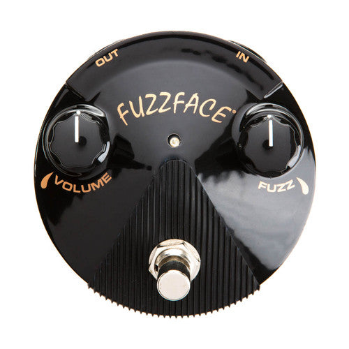 Round black FX pedal labeled Fuzz Face with two knobs for volume and fuzz, input and output jacks, and a silver footswitch at the bottom center.