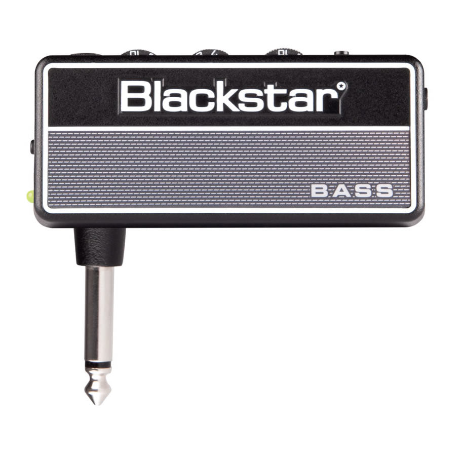 Compact Blackstar bass amplifier with a built-in plug, rectangular shape, labeled "Blackstar" and "BASS" on the front.