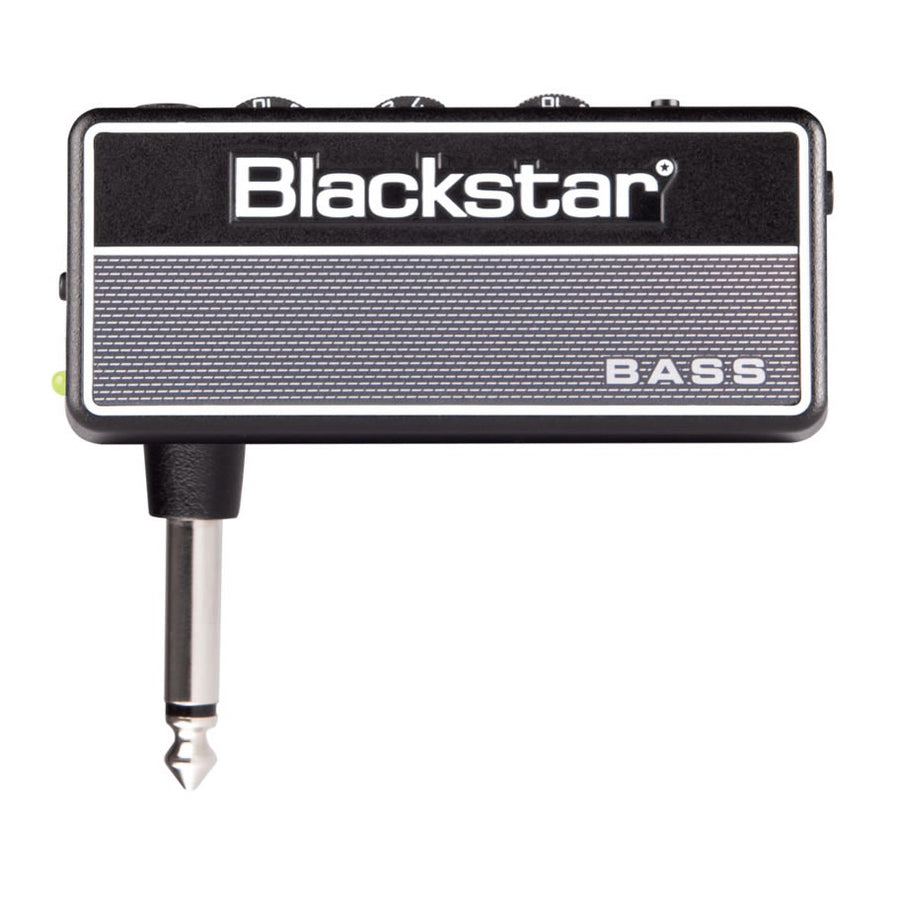 Compact Blackstar bass amplifier with a built-in plug, rectangular shape, labeled "Blackstar" and "BASS" on the front.