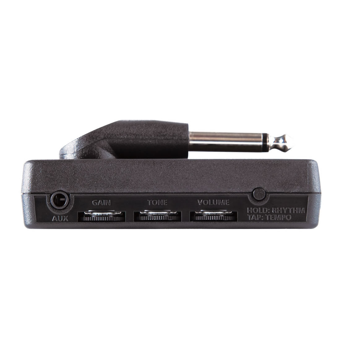 Compact black amplifier with 1/4-inch plug, aux input, and three dials labeled gain, tone, and volume, plus a button for rhythm and tempo functions.