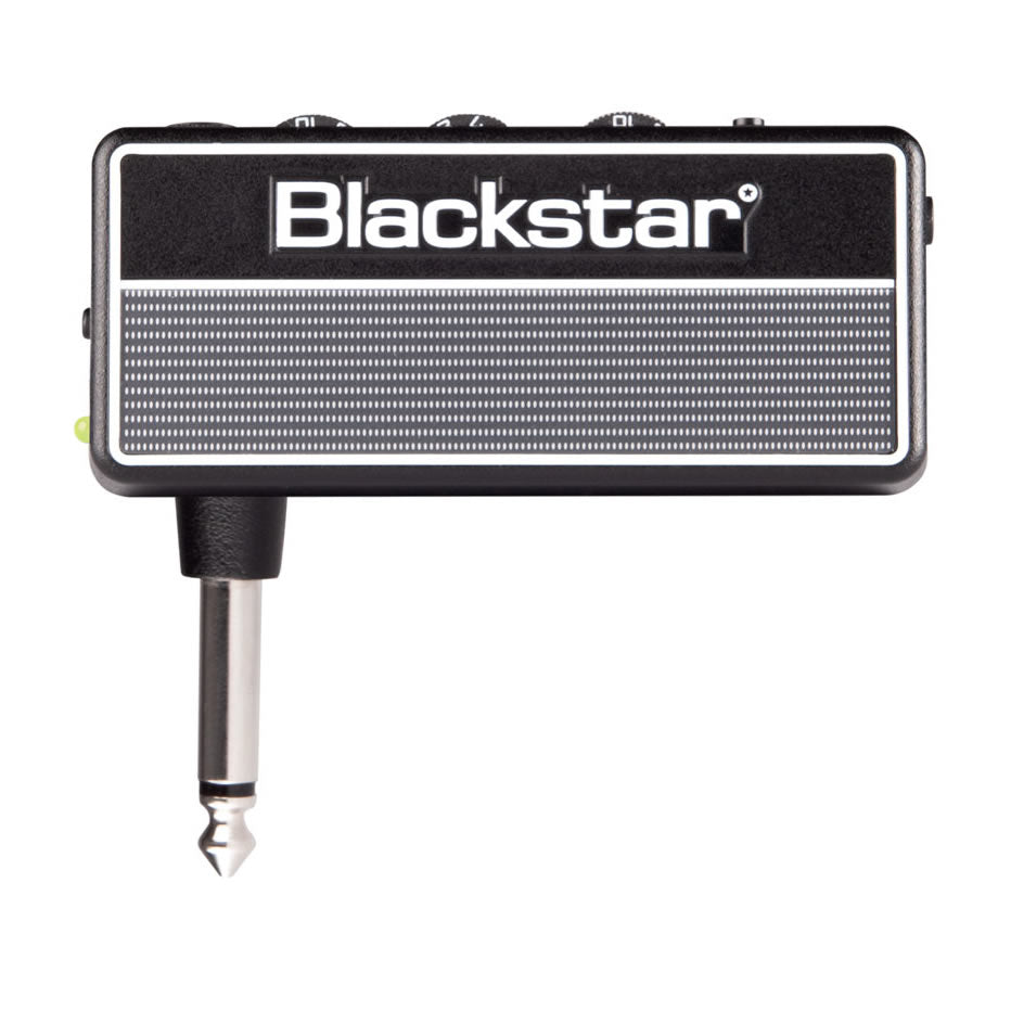 Compact Blackstar amplifier with a built-in 1/4 inch plug, black body, silver grille, labeled controls on top. Designed for plugging into guitars.