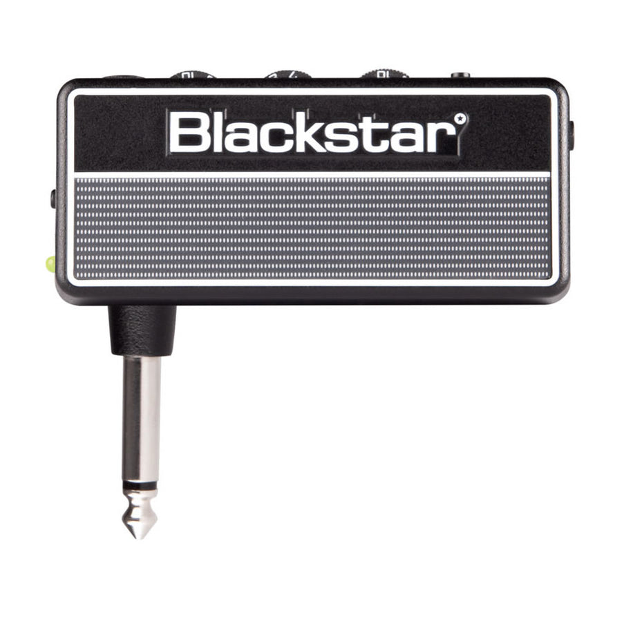 Compact Blackstar amplifier with a built-in 1/4 inch plug, black body, silver grille, labeled controls on top. Designed for plugging into guitars.
