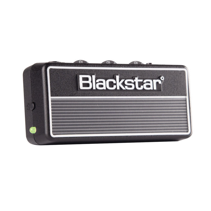 Compact Blackstar amplifier in black with a textured front, silver horizontal stripe pattern, and three control knobs on top.