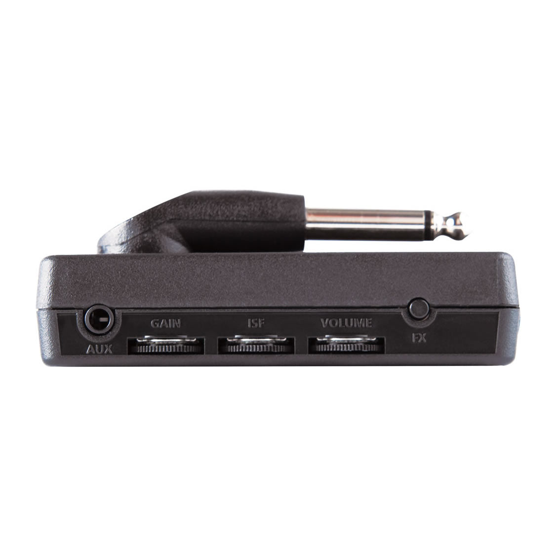 Compact amplifier with a 1/4-inch plug, AUX input, and three dials labeled Gain, ISF, and Volume, plus an FX button on the front edge.