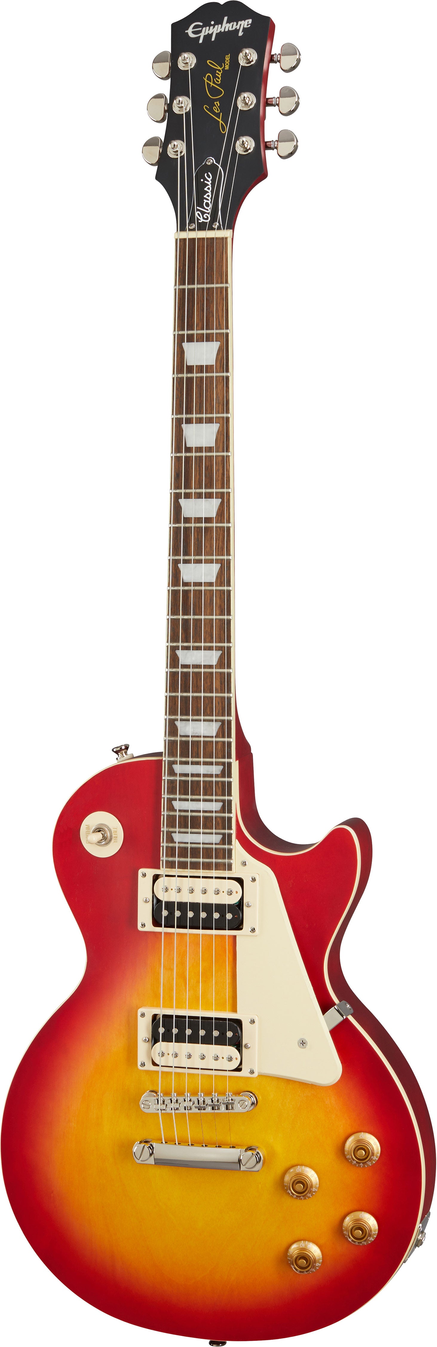 Epiphone Les Paul electric guitar with a sunburst finish, cream pickguard, chrome hardware, four control knobs, and twin humbucker pickups.